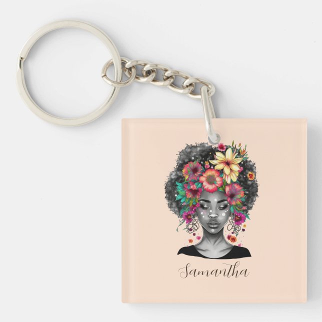 Floral Elegant Afro Woman Key Ring (Front)