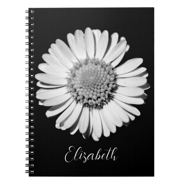  Floral Elegant Big Black and White Daisy Add Name Notebook (Front)