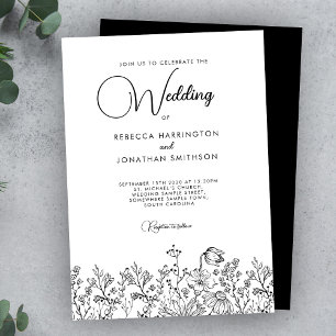 Floral Elegant Black White Wildflowers Wedding Invitation