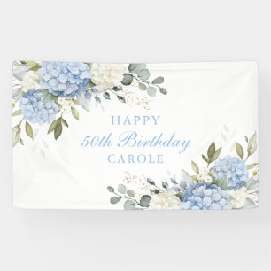 Floral Elegant Blue Hydrangea 50th Birthday Party Banner