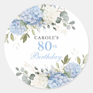 Floral Elegant Blue Hydrangea 80th Birthday Party Classic Round Sticker