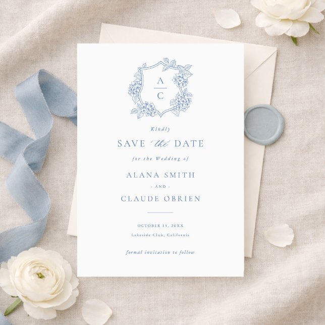 Floral Elegant Blue Hydrangea Crest Save the Date Invitation (Creator Uploaded)