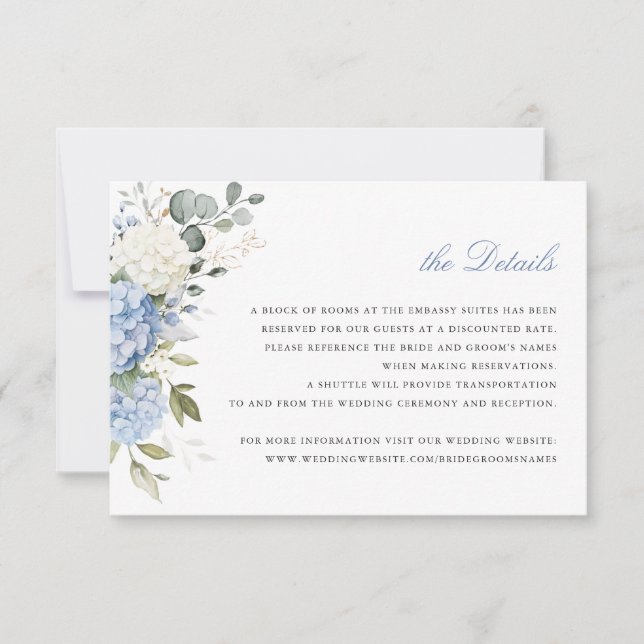 Floral Elegant Blue Hydrangea Greenery Details Invitation (Front)