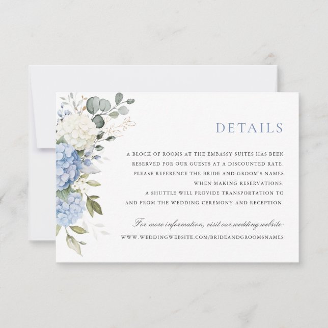 Floral Elegant Blue Hydrangea Greenery Details Invitation (Front)