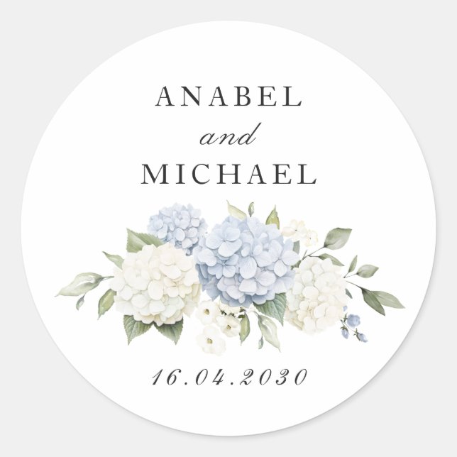 Floral Elegant Blue Hydrangea Greenery Envelope Classic Round Sticker (Front)