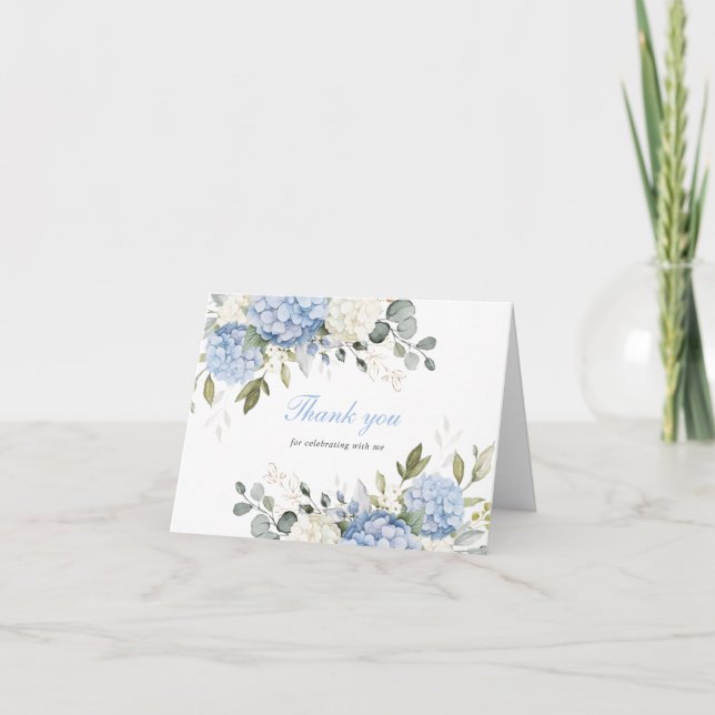 Floral Elegant Blue Hydrangea Greenery Thank You Card (Front)