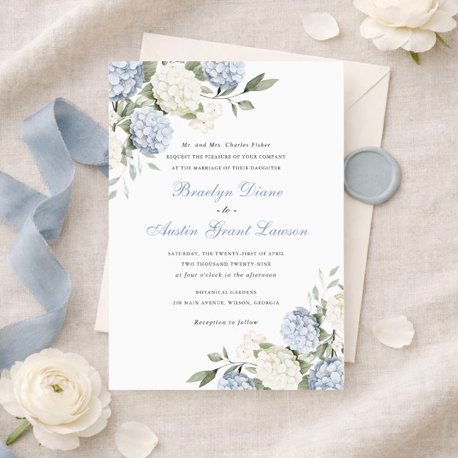 Floral Elegant Blue Hydrangea Greenery Wedding  Invitation (Creator Uploaded)