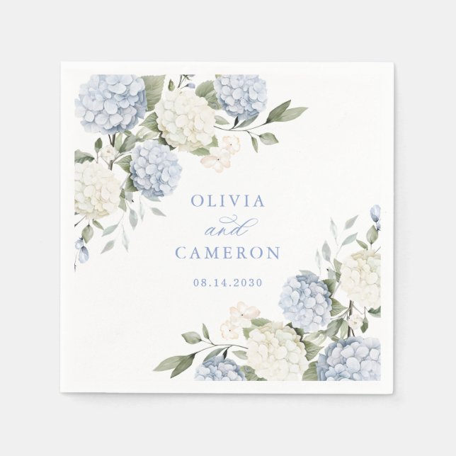 Floral Elegant Blue Hydrangea Greenery Wedding Napkin (Front)