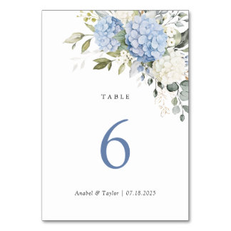 Floral Elegant Blue Hydrangea Greenery Wedding Table Number