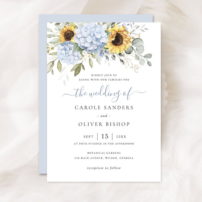 Floral Elegant Blue Hydrangea Sunflowers Wedding Invitation (Creator Uploaded)