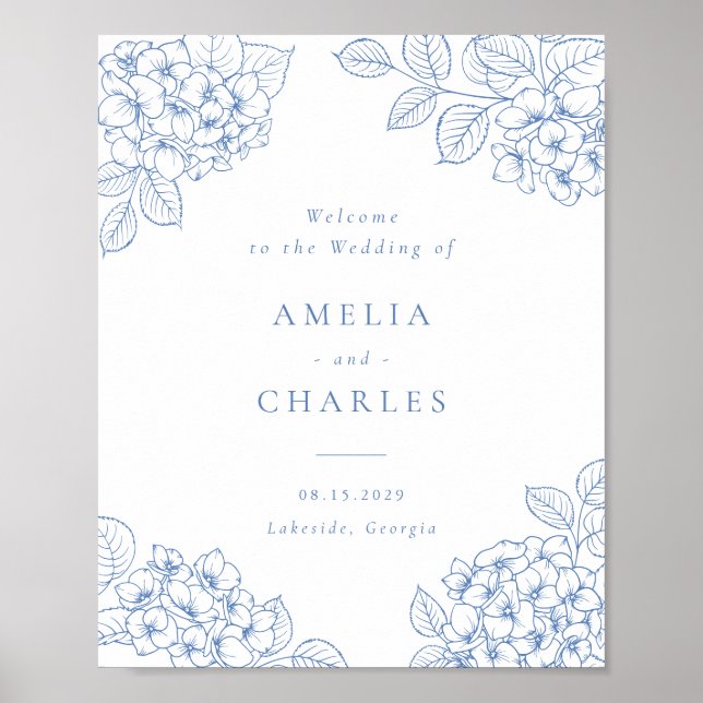 Floral Elegant Blue Hydrangea Wedding Welcome Poster (Front)