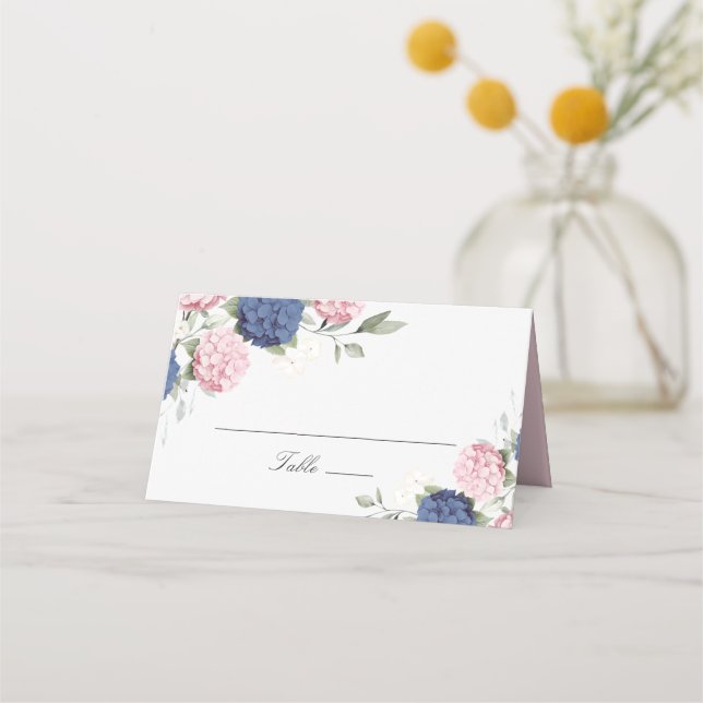 Floral Elegant Blue Pink Hydrangea Place Card (Front)