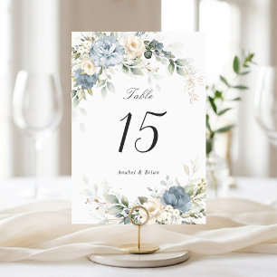 Floral Elegant Blue White Greenery Wedding Table Number