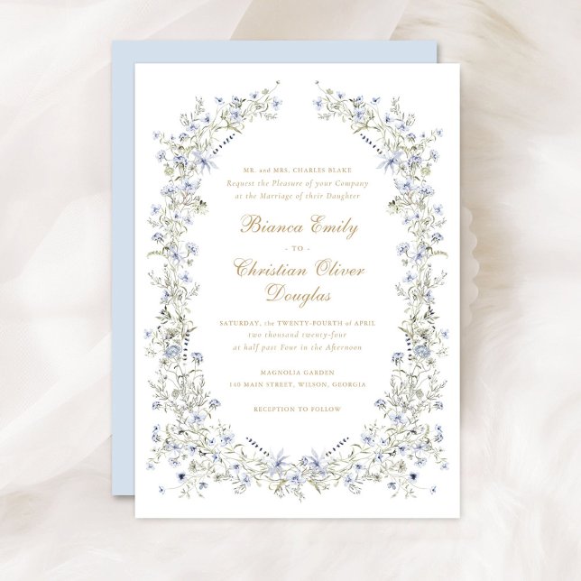 Floral Elegant Blue Wildflowers Wreath Wedding Invitation (Creator Uploaded)
