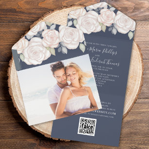 Floral Elegant Blush Blue Photo   QR Code Details All In One Invitation
