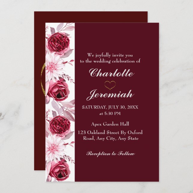 Floral Elegant Blush Pink Burgundy Script Wedding  Invitation (Front/Back)