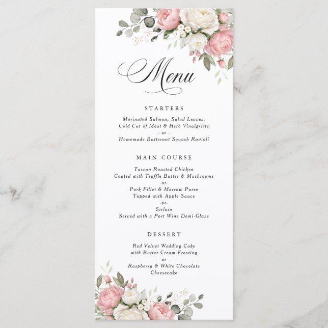 Floral Elegant Blush Pink Greenery Wedding Menu (Front)