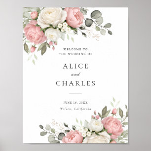 Floral Elegant Blush Pink Greenery Wedding Welcome Poster