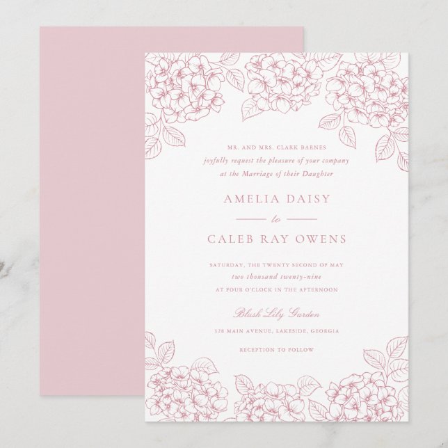 Floral Elegant Blush Pink Hydrangea Frame Wedding Invitation (Front/Back)