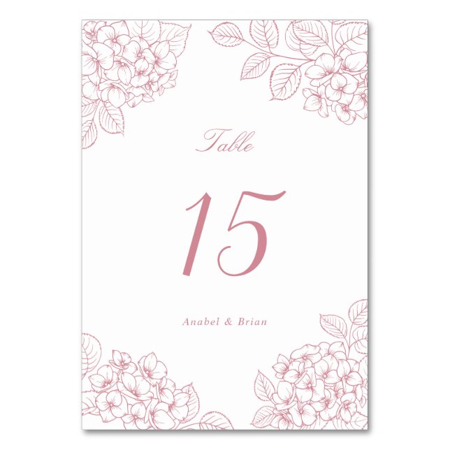 Floral Elegant Blush Pink Hydrangea Wedding Table Number (Front)