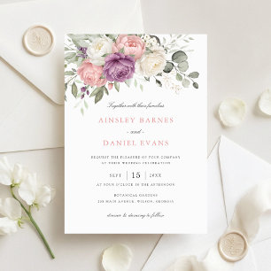 Floral Elegant Blush Pink Purple Greenery Wedding Invitation