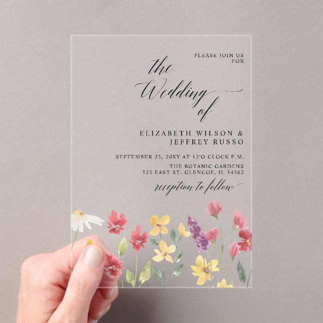 Floral Elegant Boho Summer Wildflowers Wedding Acrylic Invitations (Insitu (Handheld))