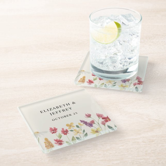 Floral Elegant Boho Summer Wildflowers Wedding Glass Coaster (Angled)