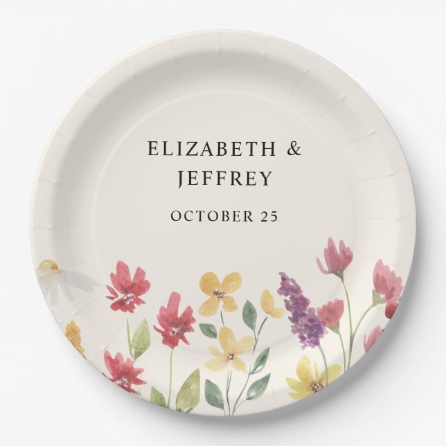 Floral Elegant Boho Summer Wildflowers Wedding Paper Plate (Front)