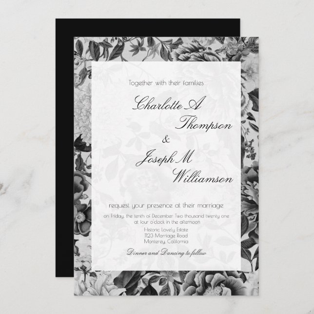 Floral Elegant Botanical Black White Wedding Invitation (Front/Back)