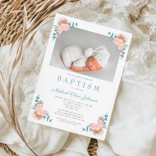 Floral Elegant Boy Photo Baptism Invitation