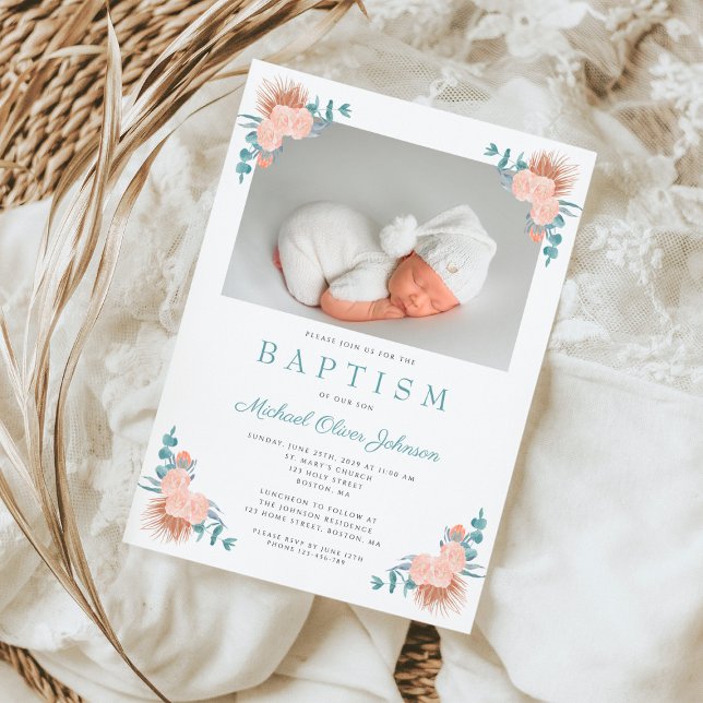 Floral Elegant Boy Photo Baptism Invitation (Floral Elegant Boy Photo Baptism Invitation)