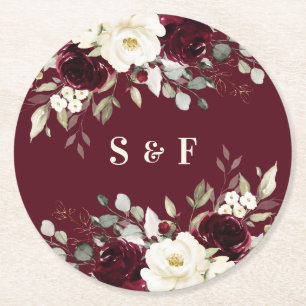 Floral Elegant Burgundy Greenery Gold Wedding Round Paper Coaster