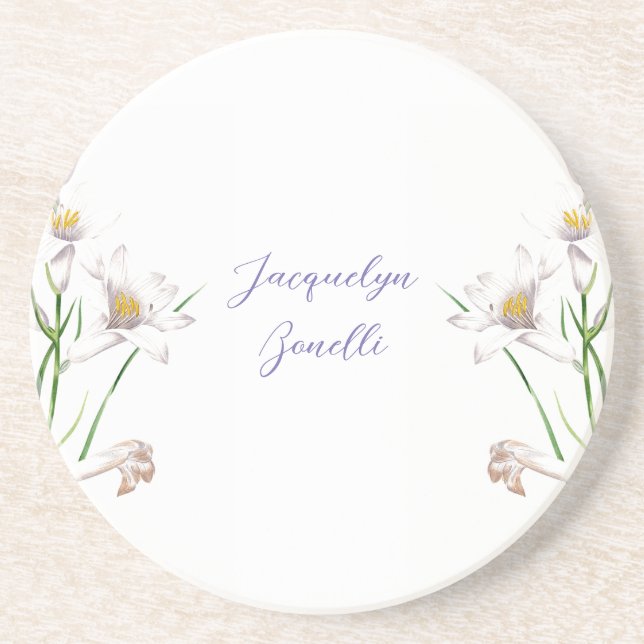 Floral Elegant Chic Calligraphy Name Lithograph Coaster (Front)