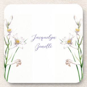 Floral Elegant Chic Calligraphy Name Lithograph Coaster