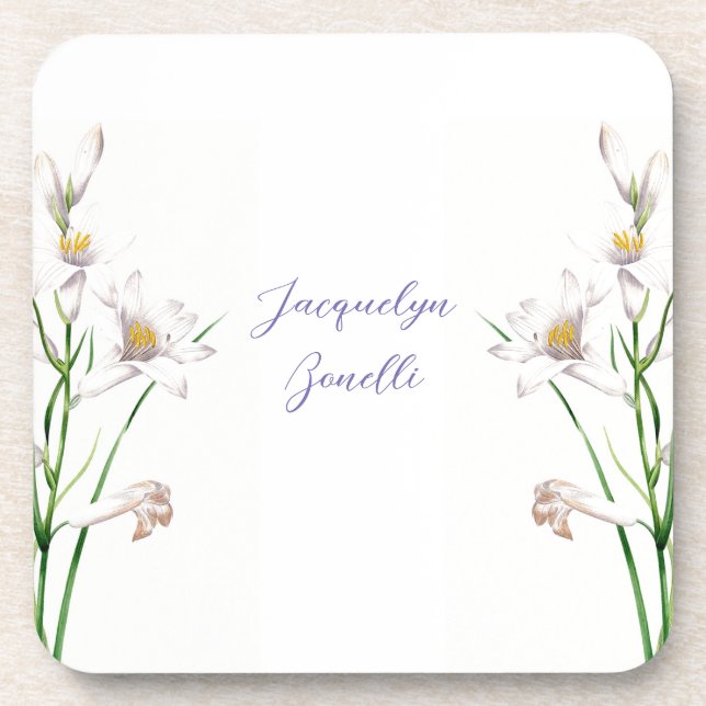 Floral Elegant Chic Calligraphy Name Lithograph Coaster (Front)