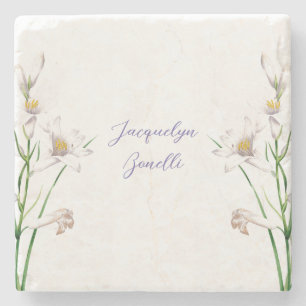 Floral Elegant Chic Calligraphy Name Lithograph Stone Coaster
