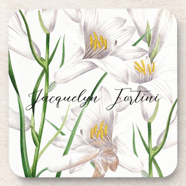 Floral Elegant Chic Cute Calligraphy Add Name Coaster (Front)