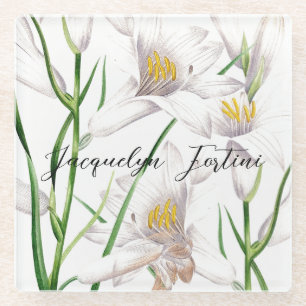 Floral Elegant Chic Cute Calligraphy Add Name Glass Coaster