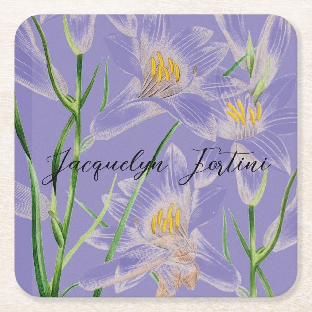 Floral Elegant Chic Cute Calligraphy Add Name Square Paper Coaster (Front)