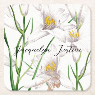 Floral Elegant Chic Cute Calligraphy Add Name Square Paper Coaster