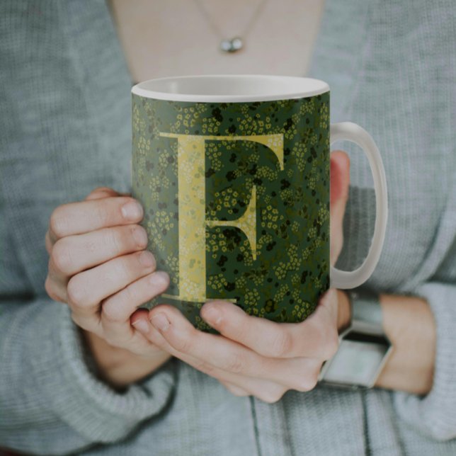 Floral Elegant Classy Monogram F green w/phrase Coffee Mug (Creator Uploaded)