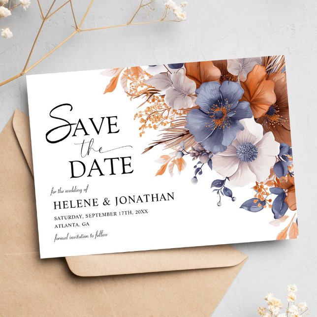 Floral Elegant Dusty Blue Terracotta Wedding Save The Date (Floral Elegant Dusty Blue Terracotta Wedding Save The Date)