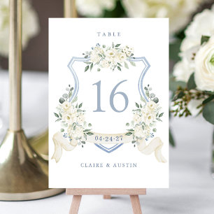 Floral Elegant Dusty Blue White Crest Table Number