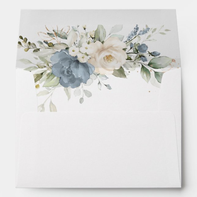 Floral Elegant Dusty Blue White Wedding Envelope (Back (Bottom))
