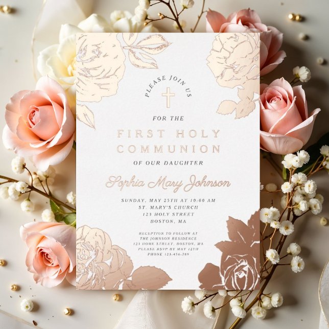 Floral Elegant First Communion Rose Gold   (Elegant Floral First Communion Rose Gold Foil Invitation)