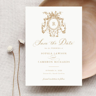 Floral Elegant French Roses Gold Crest Save Date Invitation