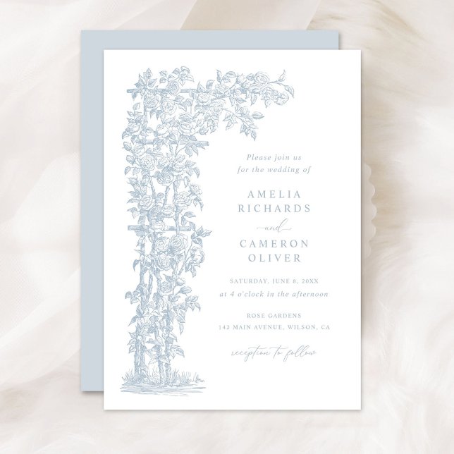 Floral Elegant French Roses Trellis Blue Wedding Invitation (Creator Uploaded)