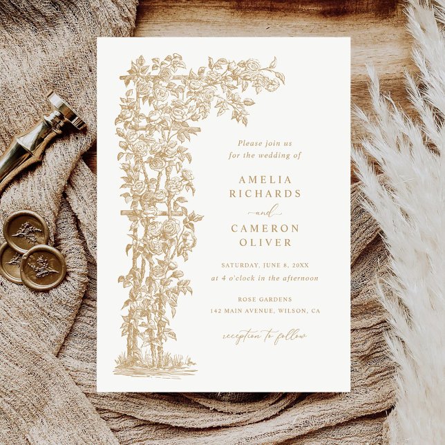 Floral Elegant French Roses Trellis Gold Wedding Invitation (Creator Uploaded)