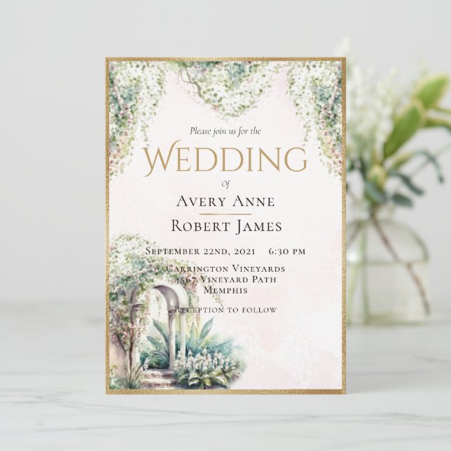 Floral Elegant Gold Garden Greenery Wedding Invitation (Standing Front)