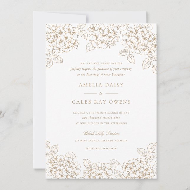 Floral Elegant Gold Hydrangea Frame Wedding Invitation (Front)